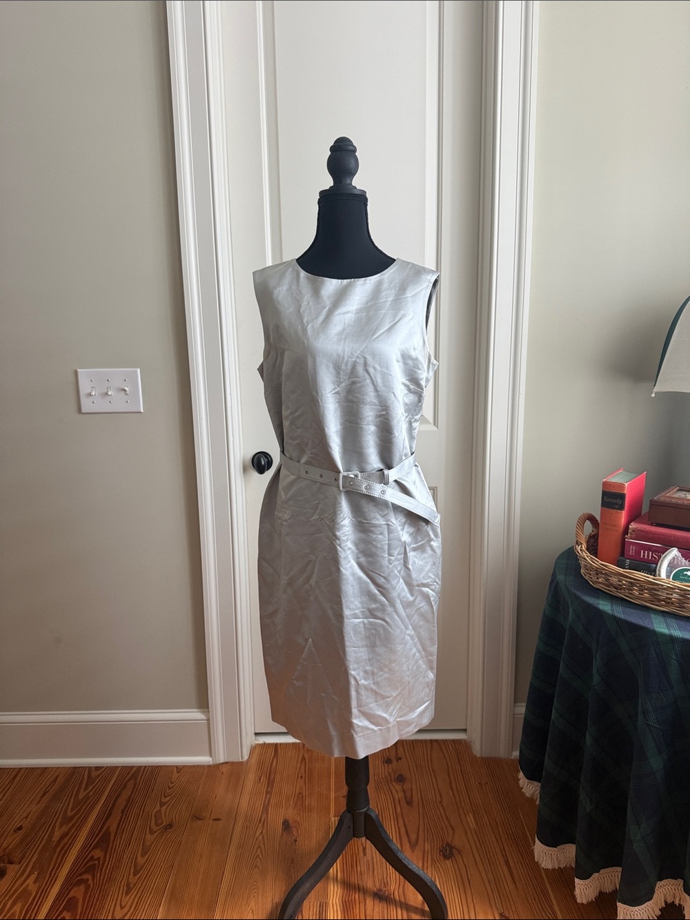 Burberry Silver Sleeveless Sheath Dress with Waist Belt